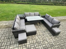 Rackhams Rattan Garden Furniture Set with Oblong Rectangular Dining Table 3 Footstools Side Table 11 Seater Outdoor Lounge Sofa Set Dark Grey Mixed - thumbnail 2