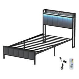 Rackhams Single Bed Frame LED Lights Headboard USB Charge Metal Mattress Platform - thumbnail 1