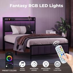 Rackhams Single Bed Frame LED Lights Headboard USB Charge Metal Mattress Platform - thumbnail 3