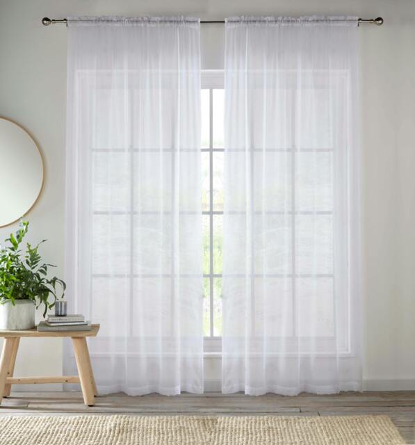 "Rackhams Plain Sheer Voile Panel Curtains Panel - Pair with Rod Pocket Header - White - 57"" (145cm) Width x 54"" (137cm) Drop" - image 1