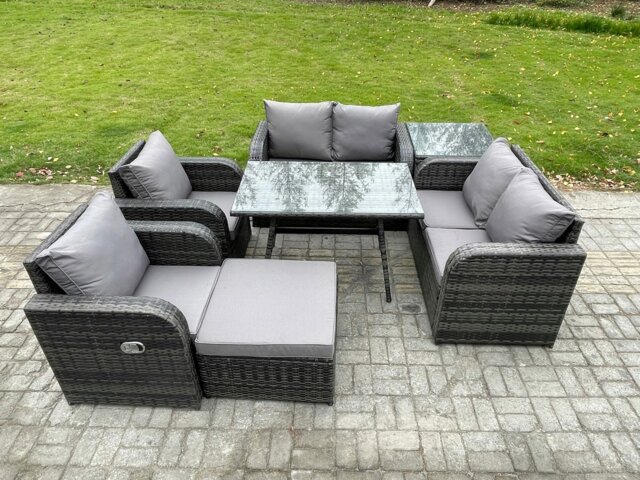 Rackhams Wicker PE Rattan Garden Dining Set Outdoor Furniture Sofa with Rectangular Dining Table Big Footstool Side Table Dark Grey Mixed - image 1