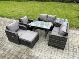Rackhams Wicker PE Rattan Garden Dining Set Outdoor Furniture Sofa with Rectangular Dining Table Big Footstool Side Table Dark Grey Mixed - thumbnail 2