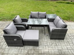Rackhams Wicker PE Rattan Garden Dining Set Outdoor Furniture Sofa with Rectangular Dining Table Big Footstool Side Table Dark Grey Mixed - thumbnail 1