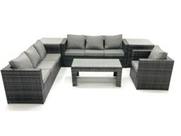 Rackhams 7 Seater Rattan Garden Furniture Set Outdoor Lounger Sofa with Coffee Table Armchair 2 Side Tables Dark Grey Mixed - thumbnail 1