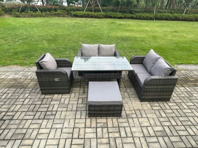 Rackhams Lounge Rattan Sofa Set Outdoor Garden Furniture Oblong Rectangular Dining Table With Chairs Big Footstool Dark Grey Mixed - image 1