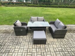 Rackhams Lounge Rattan Sofa Set Outdoor Garden Furniture Oblong Rectangular Dining Table With Chairs Big Footstool Dark Grey Mixed - thumbnail 1