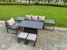 Rackhams 6 Seater Aluminium Outdoor Furniture Set with Adjustable Rising Dining Table Chairs with 2 Footstools 2 Side Tables - Dark Grey - thumbnail 1