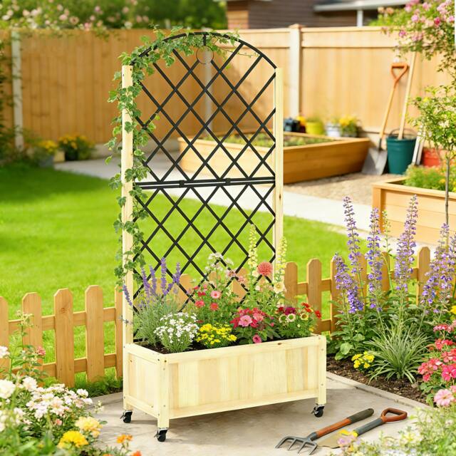 Rackhams Garden Bed w/Metal Trellis, Wooden Elevated Planter Box - 72W x 36D x 168H cm - Brown - image 1