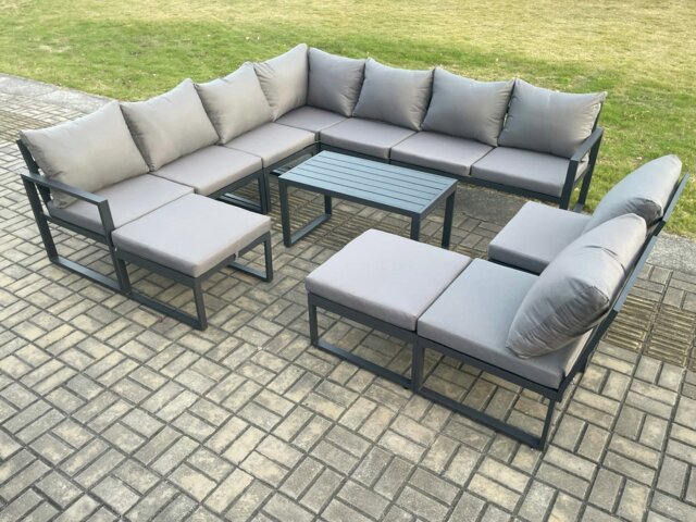 Rackhams Aluminium 11 Seater Patio Outdoor Garden Furniture Lounge Corner Sofa Set with Oblong Coffee Table with 2 Big Footstools Dark Grey