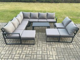 Rackhams Aluminium 11 Seater Patio Outdoor Garden Furniture Lounge Corner Sofa Set with Oblong Coffee Table with 2 Big Footstools Dark Grey - thumbnail 2