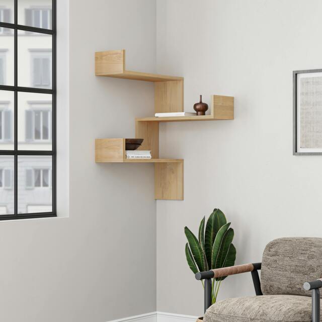 Rackhams Luksa Modern Wall Shelf Bookcase Wall Mounted Corner Zigzag Design 60cm - Oak - image 1