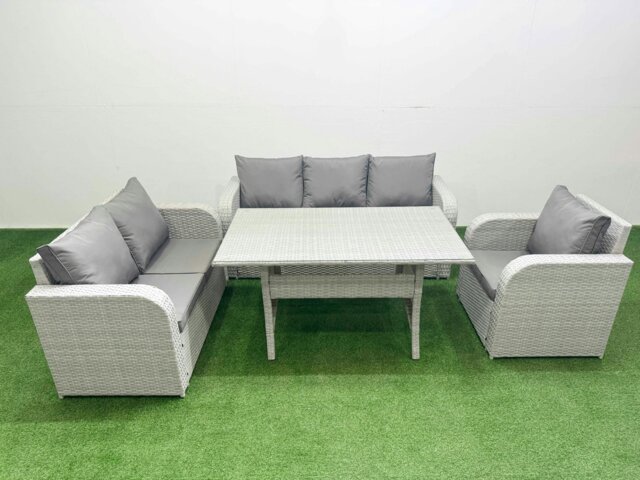 Rackhams 6-Seater Light Grey PE Rattan Outdoor Dining Set - Rectangular Table, Reclining Chair, Loveseat, 3-Seater Sofa - image 1