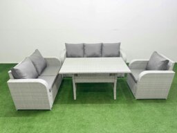Rackhams 6-Seater Light Grey PE Rattan Outdoor Dining Set - Rectangular Table, Reclining Chair, Loveseat, 3-Seater Sofa - thumbnail 1
