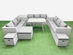 Rackhams 12 Seat Outdoor Patio PE Rattan Garden Furniture with Cushions 3 Seater Sofa Side Table 3 Stool Light Grey - thumbnail 1