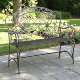 Rackhams Vintage 2 Seater Wrought Iron Garden Bench - 111cm Green / Gold - thumbnail 2