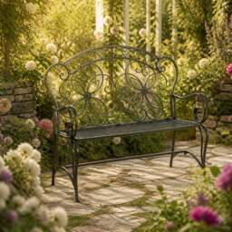 Rackhams Vintage 2 Seater Wrought Iron Garden Bench - 111cm Green / Gold