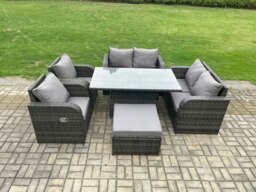 Rackhams Rattan Furniture Outdoor Garden Dining Set Patio Height Adjustable Rising lifting Table Love Sofa Chair With Big Footstool - thumbnail 1