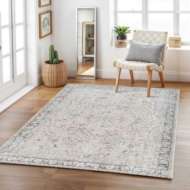 Rackhams Amelie-Washable Grey Pink Traditional Vintage Boho Rug - 160 x 220 cm