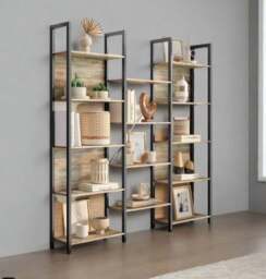 Rackhams Industrial Bookshelf with 14 Shelves – Turquoise Brown & Black Metal Frame – 158cm Wide Bookcase - thumbnail 2