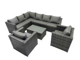Rackhams Outdoor Rattan Rectangular Coffee Table Corner Sofa Sets Garden Furniture Set with 2 Chairs Dark Grey Mixed - thumbnail 1