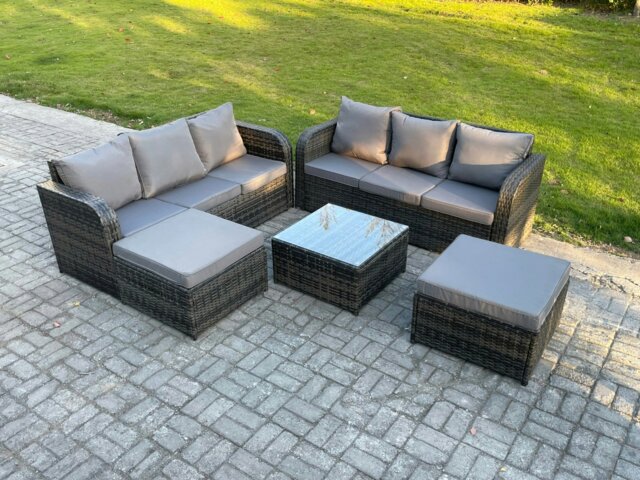 Rackhams Indoor Outdoor Rattan Garden Furniture 8 Seater Set Table Sofa Chair Patio Conservatory with Grey Cushions 2 Big Footstool - image 1