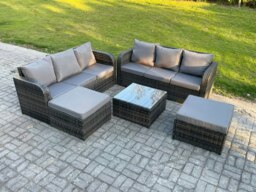 Rackhams Indoor Outdoor Rattan Garden Furniture 8 Seater Set Table Sofa Chair Patio Conservatory with Grey Cushions 2 Big Footstool - thumbnail 2