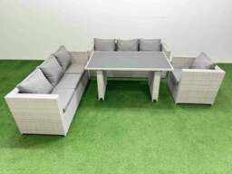 Rackhams Patio Garden Furniture Sets with Black Glass Top Dining Table 3 Seater Sofa Armchair Light Grey - thumbnail 1