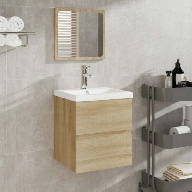 Rackhams Bathroom Sink Cabinet with Basin and Mirror Sonoma Oak