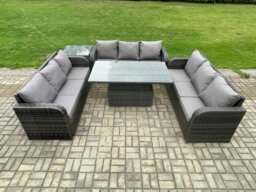 Rackhams Patio Garden Dining Set Outdoor Rattan Furniture Lounge Sofa Height Adjustable Rising lifting Table With Side Table Dark Grey Mixed - thumbnail 1