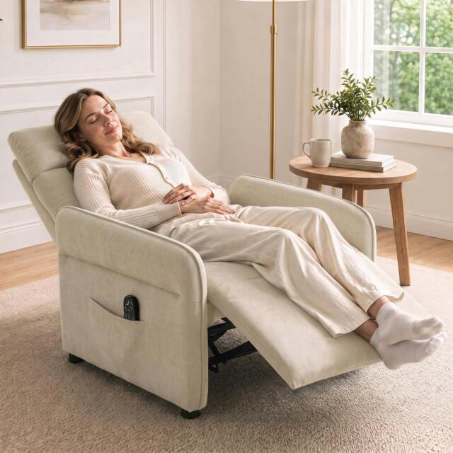 Rackhams Recliner Armchair, Manual Recliner Chair, Massage & Heat, Beige - image 1