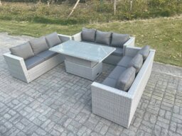 Rackhams Lounge Rattan Garden Furniture Set Height Adjustable Rising Lifting Table Dining Set - thumbnail 1