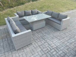 Rackhams Lounge Rattan Garden Furniture Set Height Adjustable Rising Lifting Table Dining Set - thumbnail 2