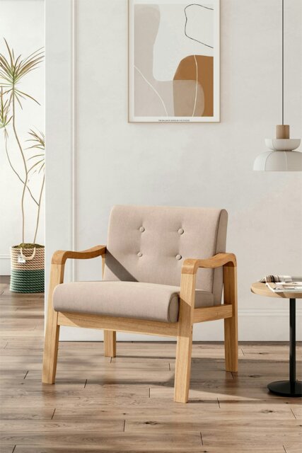 Rackhams Beige Wood Frame Upholstered Armchair with Square Leg - Beige - image 1