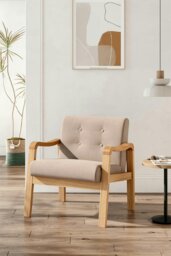 Rackhams Beige Wood Frame Upholstered Armchair with Square Leg - Beige - thumbnail 1