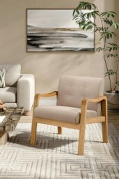 Rackhams Beige Wood Frame Upholstered Armchair with Square Leg - Beige - thumbnail 2
