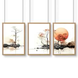 Rackhams Living Room Wall Decor - Set of 3 Asian Inspired Wall art Prints - 20 x 30 in / 50 x 76 cm - Matte Museum Quality Art Paper 290 gsm - Oak Frame - thumbnail 1