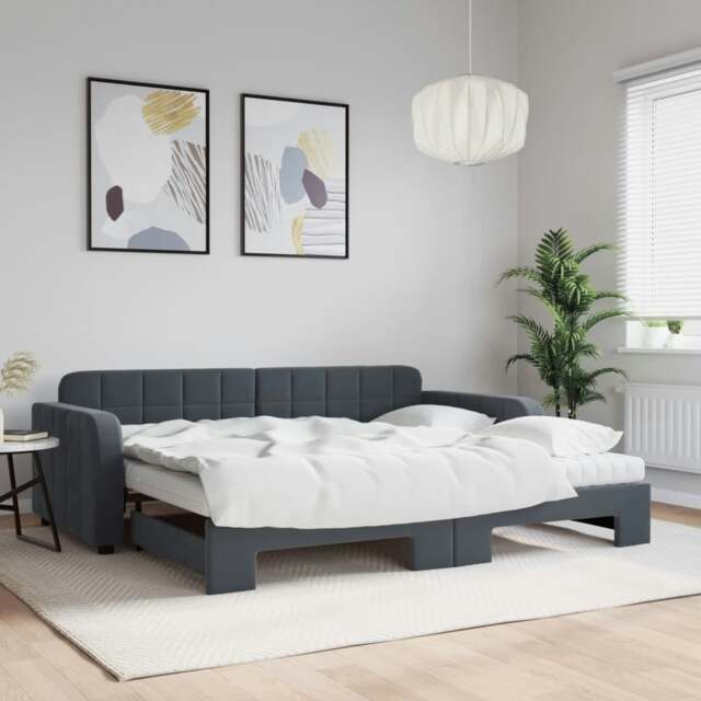 Rackhams Daybed with Trundle and Mattresses Dark Grey 90x190 cm Velvet - Grey - Velvet (100% polyester), metal, solid wood