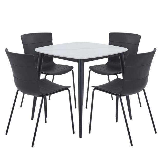 Rackhams Aspen Dining Set - White Sintered Stone Square Table & 4 Bali Dining Chairs - Black
