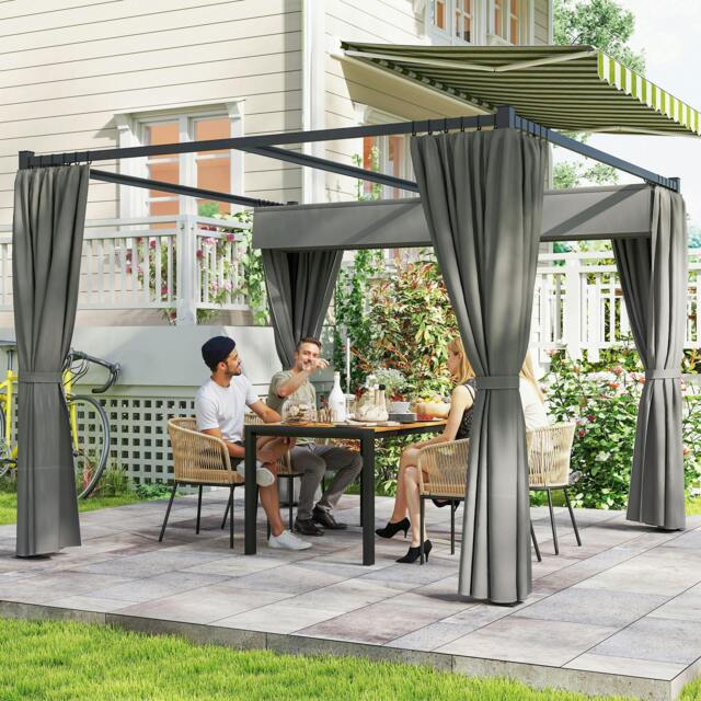 Rackhams 3 x 3(m) Pergola with Retractable Roof and Curtains, Beige - Light Grey - image 1