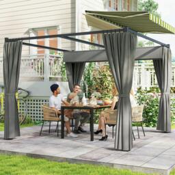 Rackhams 3 x 3(m) Pergola with Retractable Roof and Curtains, Beige - Light Grey