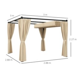 Rackhams 3 x 3(m) Pergola with Retractable Roof and Curtains, Beige - Light Grey - Metal, Polyester - 300L x 300W x 227Hcm - thumbnail 6