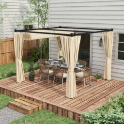 Rackhams 3 x 3(m) Pergola with Retractable Roof and Curtains, Beige - Light Grey - Metal, Polyester - 300L x 300W x 227Hcm - thumbnail 3
