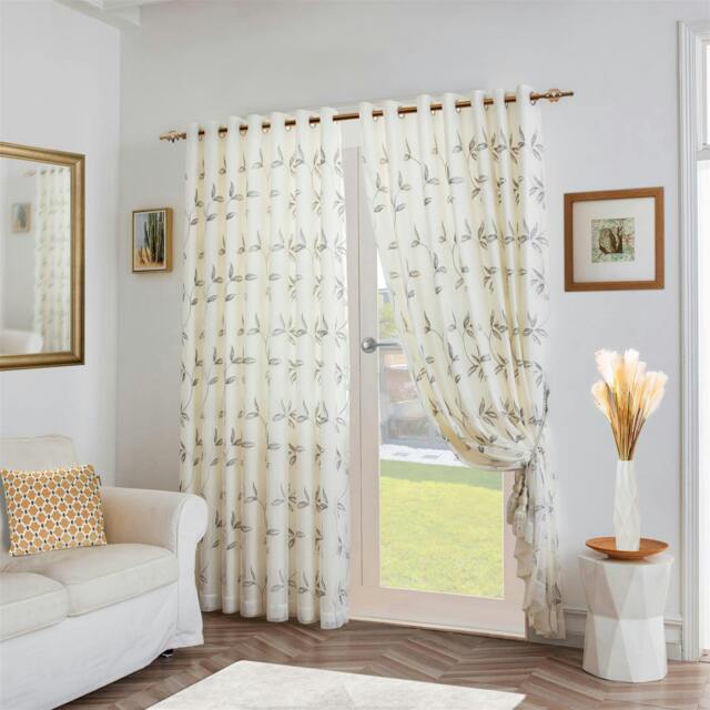 Rackhams Leaf Embroidered Tulle Voile Curtains Ring Top - Silver - 147cm width x 137cm drop - image 1