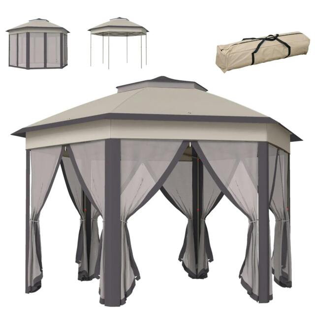 Rackhams 3 x 4m Garden Gazebo Hexagon Pop Up Gazebo Party Tent Canopy Double Roof Instant Shelter with Netting and Carry Bag for Outdoor Patio, Beige - Beige - image 1