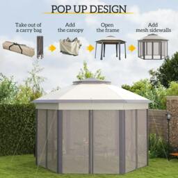 Rackhams 3 x 4m Garden Gazebo Hexagon Pop Up Gazebo Party Tent Canopy Double Roof Instant Shelter with Netting and Carry Bag for Outdoor Patio, Beige - Beige - thumbnail 4