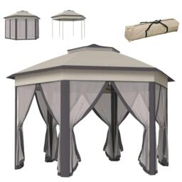 Rackhams 3 x 4m Garden Gazebo Hexagon Pop Up Gazebo Party Tent Canopy Double Roof Instant Shelter with Netting and Carry Bag for Outdoor Patio, Beige - Beige - thumbnail 1