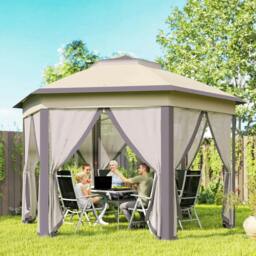Rackhams 3 x 4m Garden Gazebo Hexagon Pop Up Gazebo Party Tent Canopy Double Roof Instant Shelter with Netting and Carry Bag for Outdoor Patio, Beige - Beige - thumbnail 2