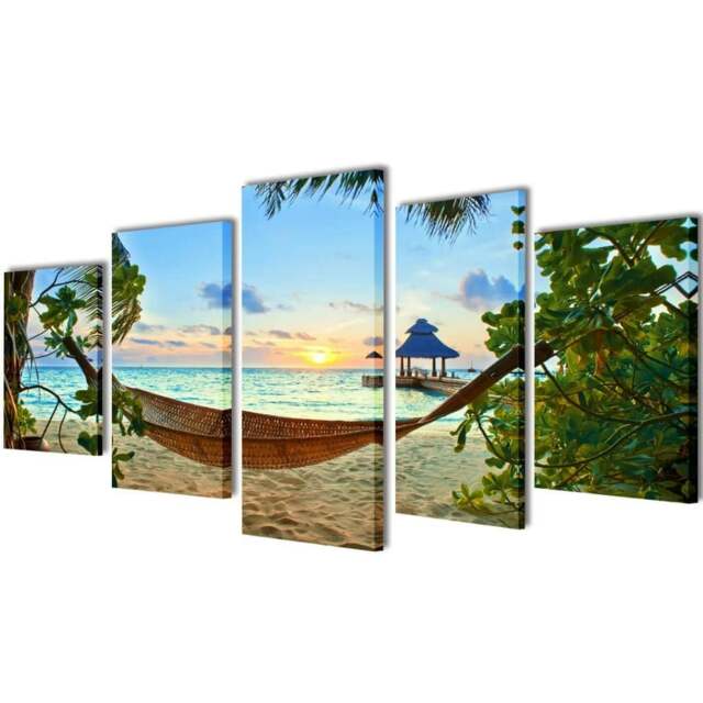 Rackhams Canvas Wall Print Set Sand Beach with Hammock 200 x 100 cm - Wood frame + waterproof canvas