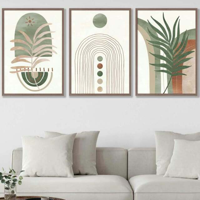 Rackhams Sage Green Botanical Arches Set of 3 Framed Wall Art - 30x42cm (A3) - Light Walnut - image 1