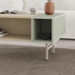 Rackhams Modern 100cm Rectangle Coffee Table with Open Dual Shelf 4 Storage Compartments, Metal Frame Legs, Sonoma Oak, Ash Green - Light Oak-Ash Green - thumbnail 5